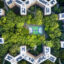 Queens bridge Houses basketball court surrounded by trees and rooftops from the sky